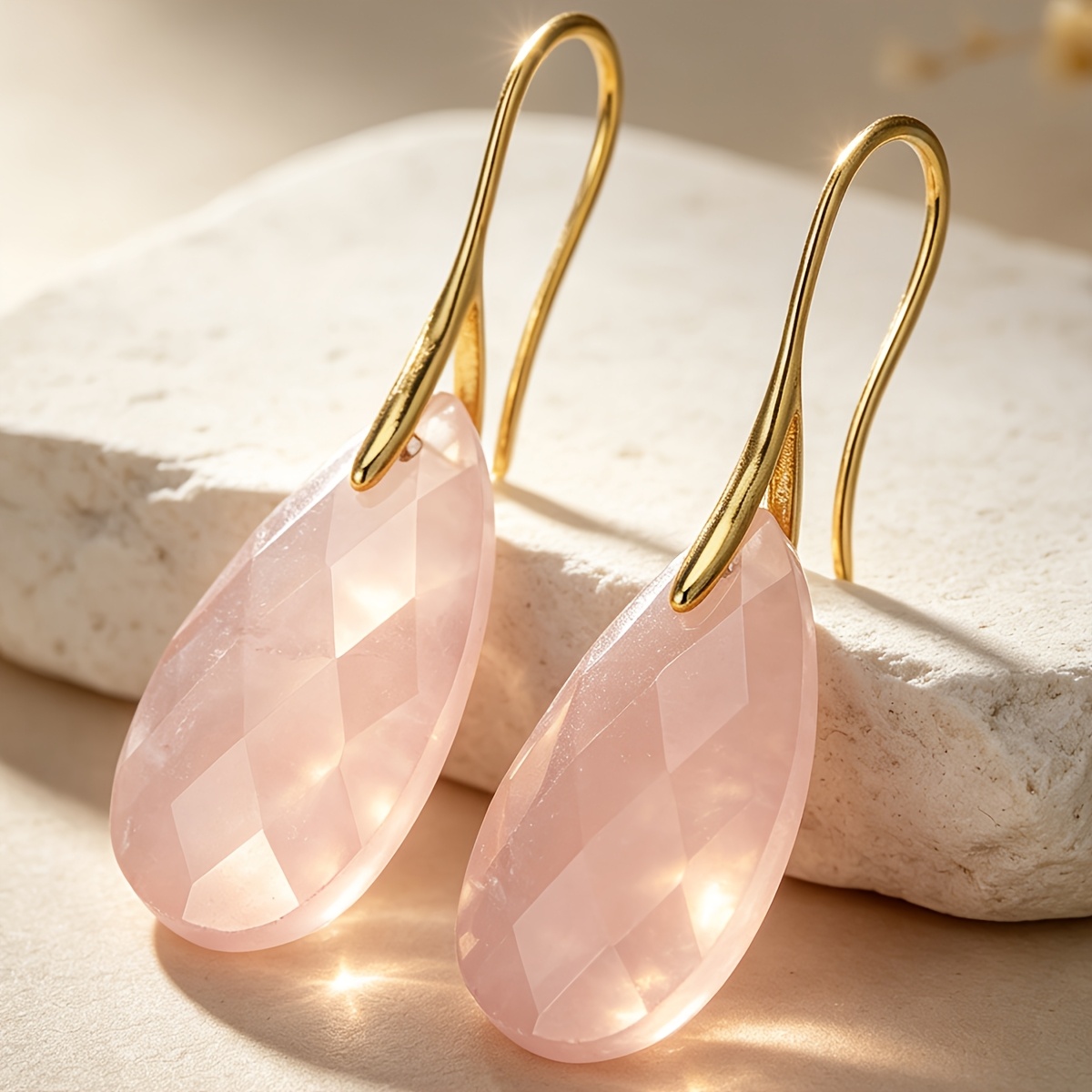 Women's Rose Quartz Water Drop Pendant Earrings, Bohemian